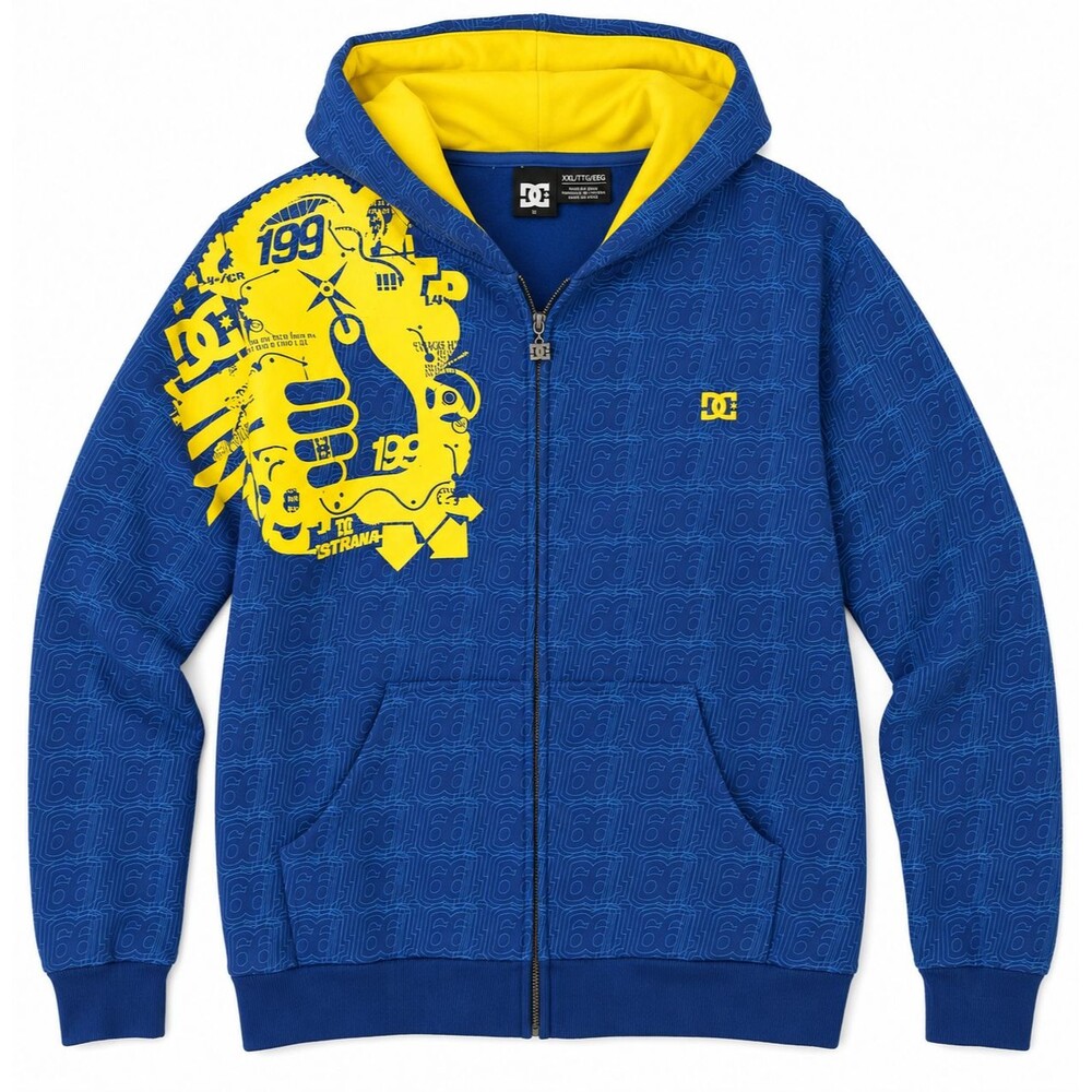 DC Full Zip Sweatshirt Size XXL Blue Yellow Hooded Y2K Skater Skate Style